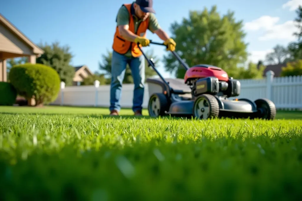 worker maintaining lawn grass
