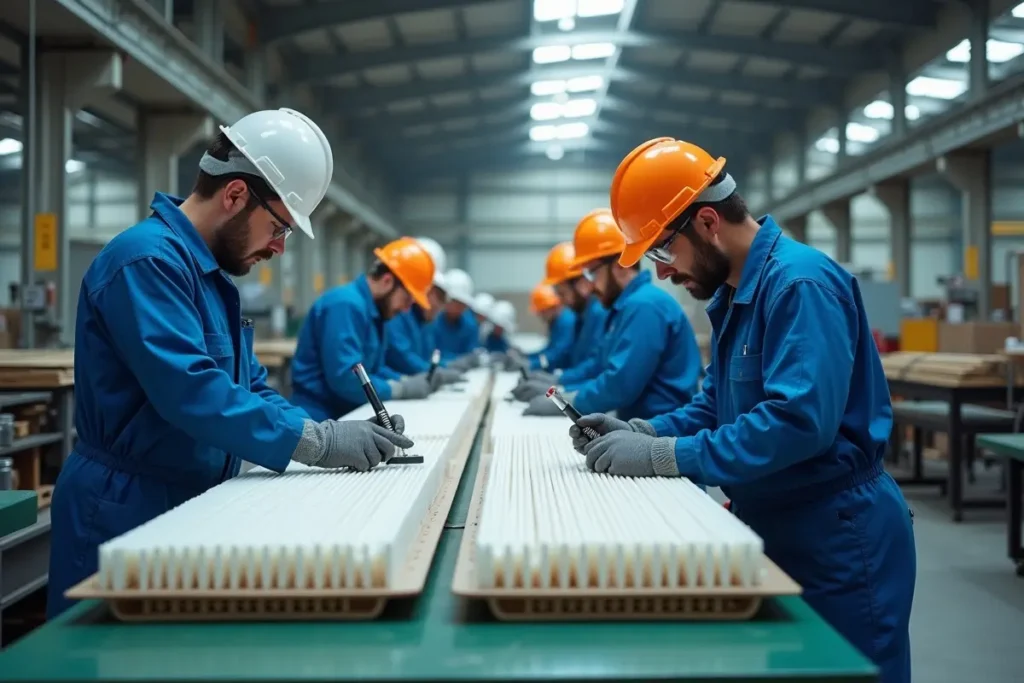manufacturing workers inspecting industrial air filters