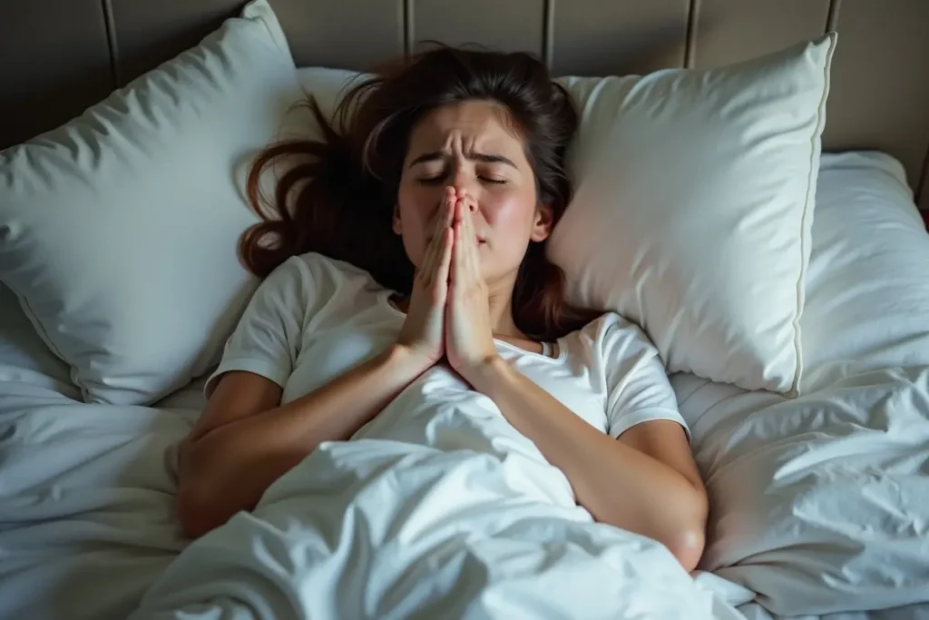 person sneezing in bed due to allergy-triggering bedding materials