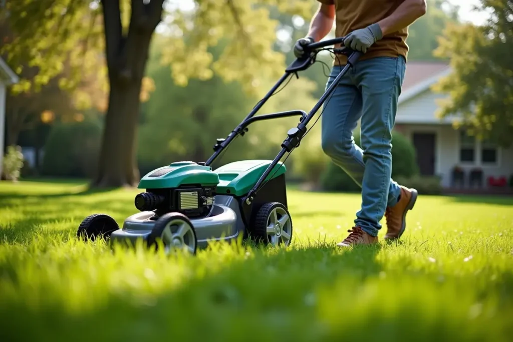 homeowner testing battery lawn mower performance for yard maintenance