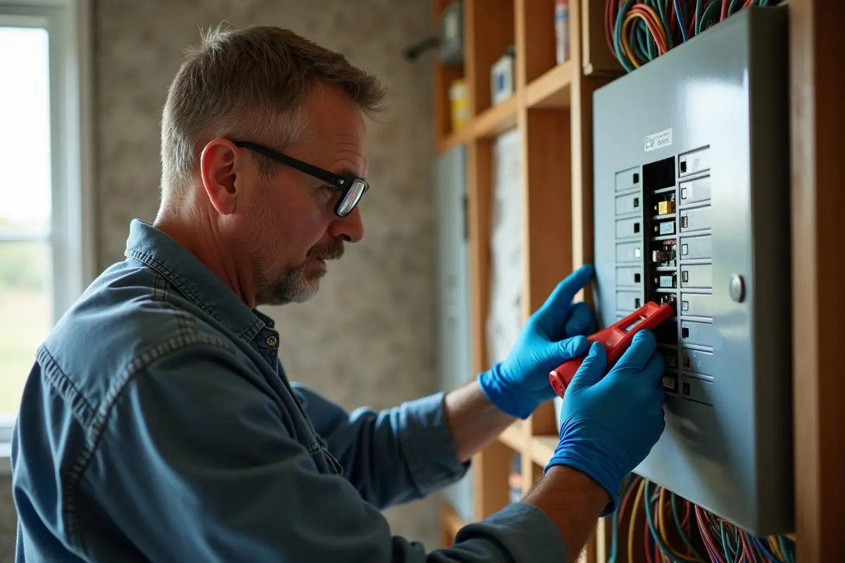 homeowner safely inspecting a circuit breaker panel