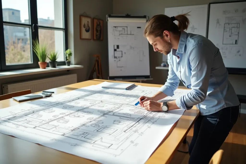 event planner designing floor plan to maximize guest interaction and participation