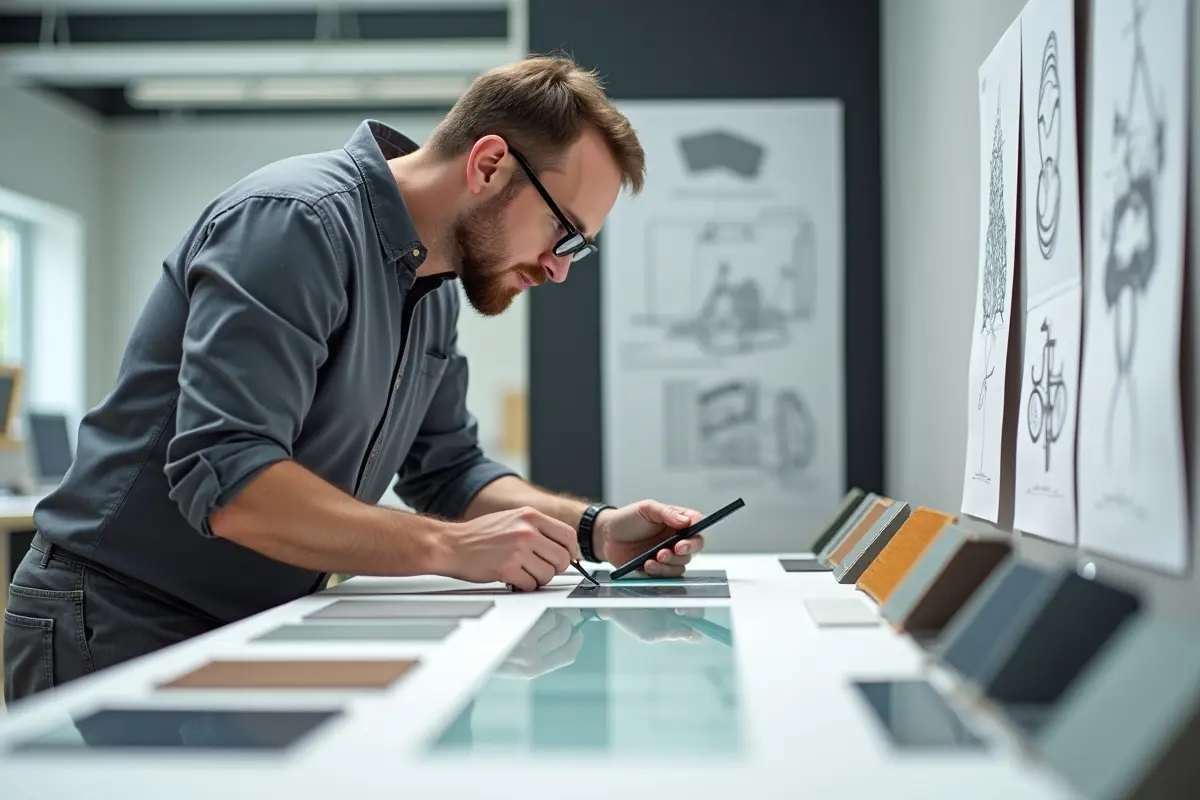 product designer comparing engineered synthetics with traditional metals and glass