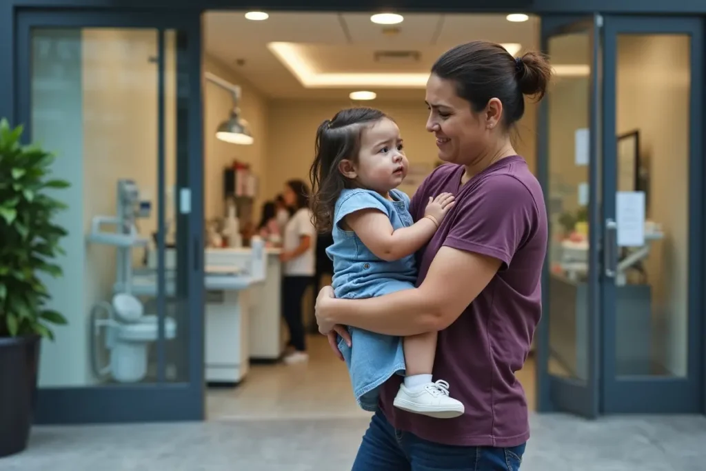 concerned parent taking child to emergency dentist for urgent care