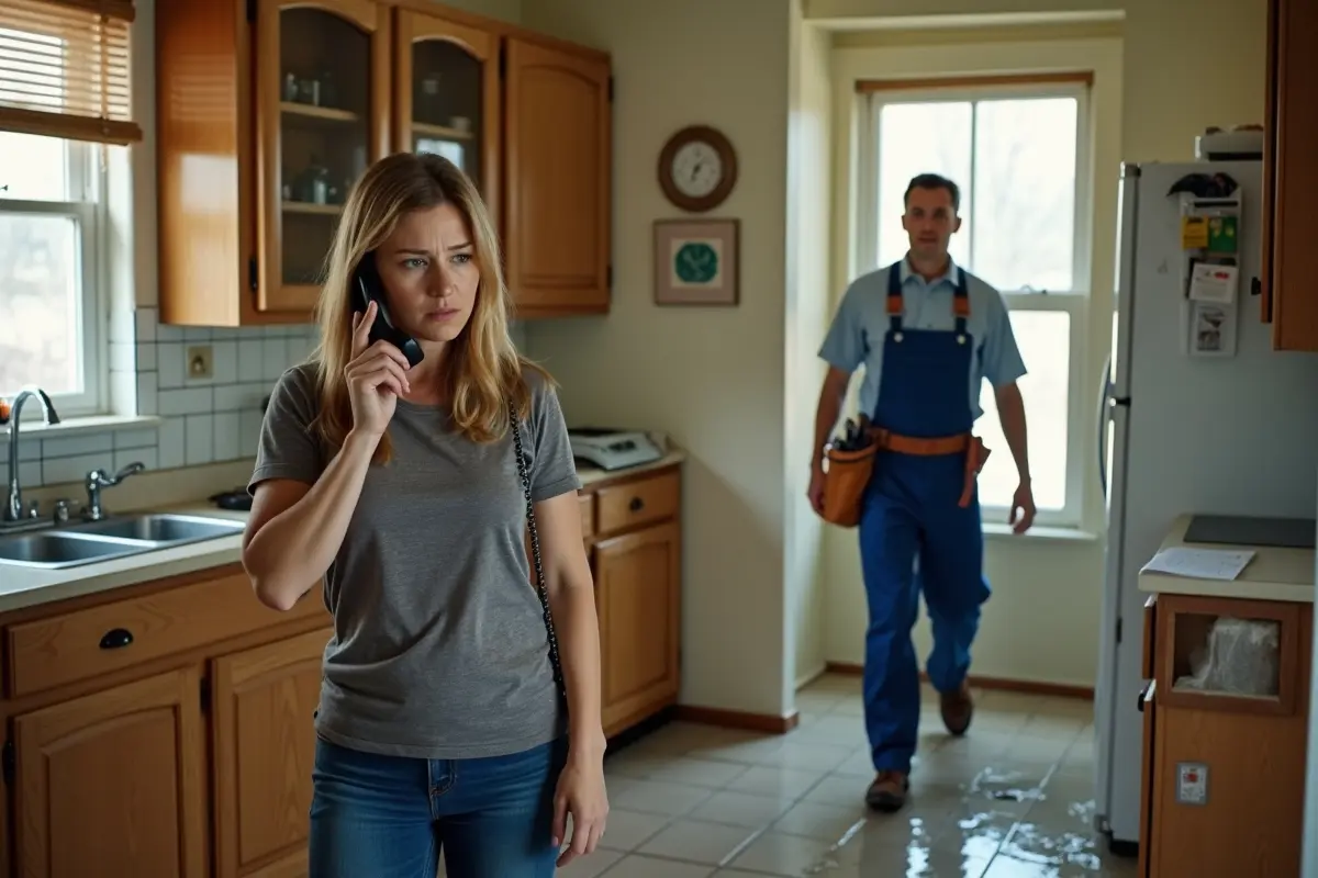 homeowner calling professional plumber for serious household plumbing problems