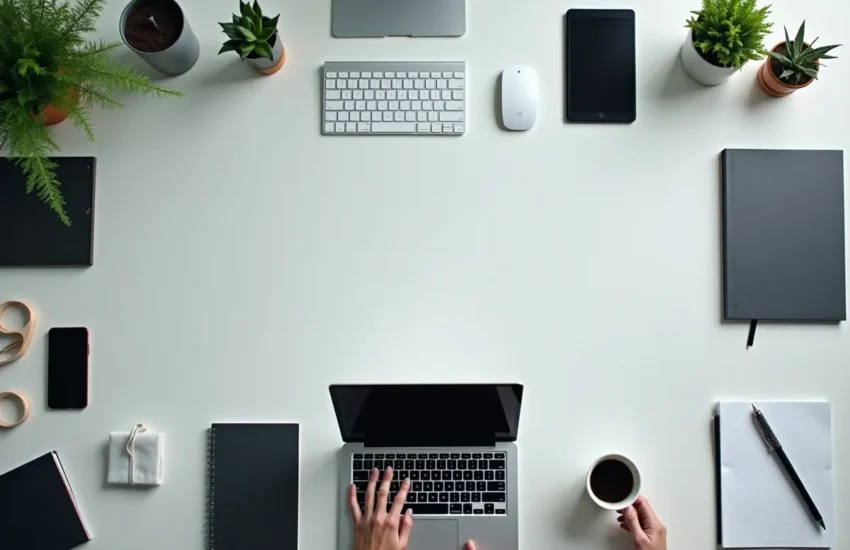 professional workspace featuring an organized l shaped desk