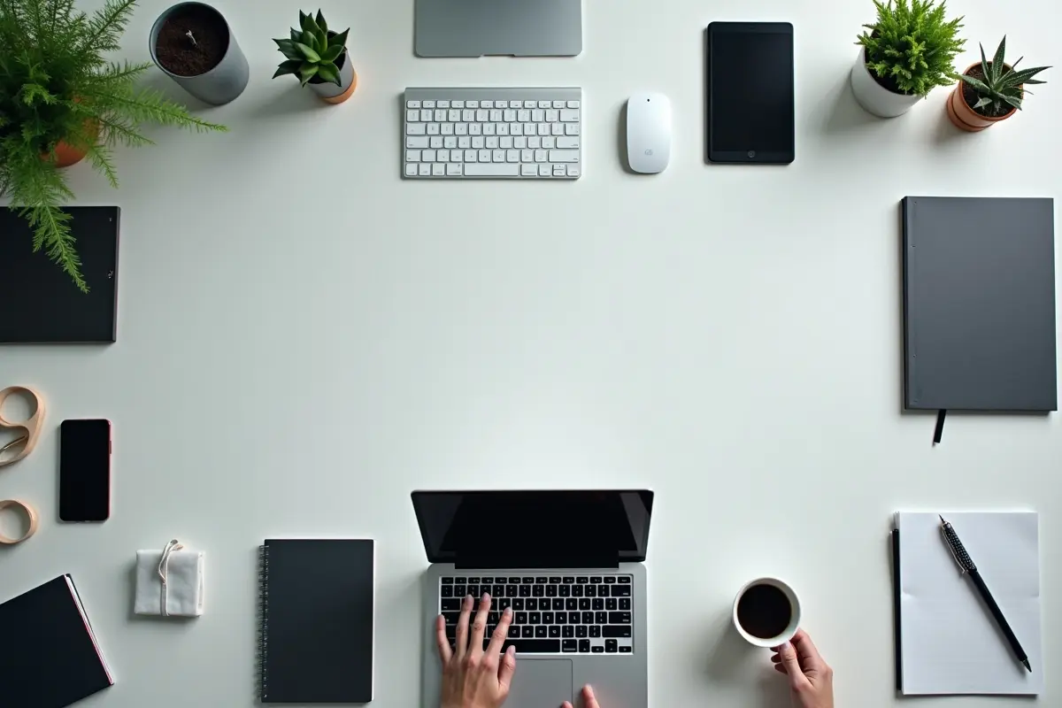 professional workspace featuring an organized l shaped desk